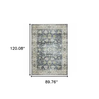7' X 10' Blue and Ivory Oriental Non Skid Area Rug