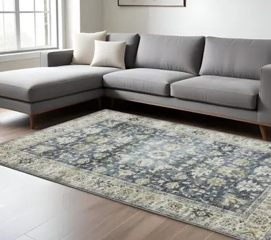 7' X 10' Blue and Ivory Oriental Non Skid Area Rug