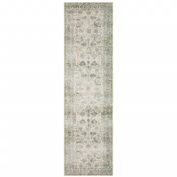 2' X 8' Grey Orange Blue Gold Green And Rust Oriental Printed Stain Resistant Non Skid Runner Rug