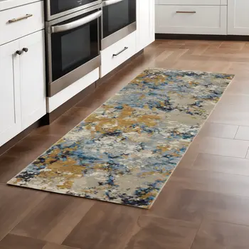 8' Gray And Ivory Abstract Runner Rug