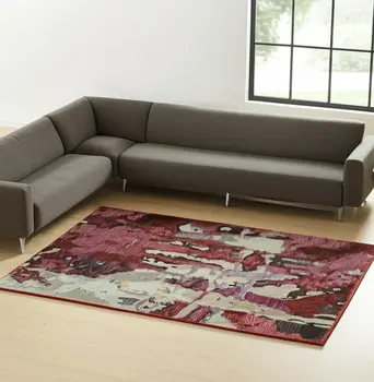 7' X 10' Red and Beige Abstract Power Loom Area Rug