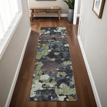 8' Blue And Green Abstract Runner Rug