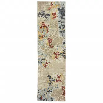 12' Beige And Blue Abstract Runner Rug