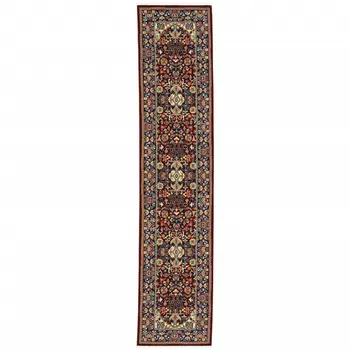 12' Blue And Red Genuine Wool Oriental Runner Rug With Fringe