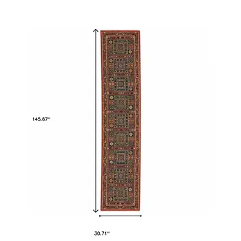 12' Blue And Red Genuine Wool Oriental Runner Rug With Fringe