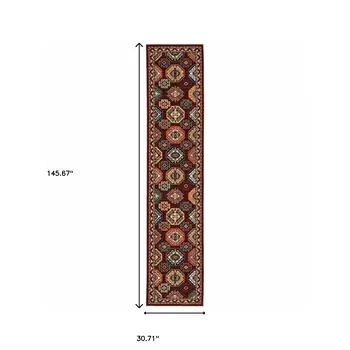 12' Red And Ivory Genuine Wool Oriental Runner Rug With Fringe