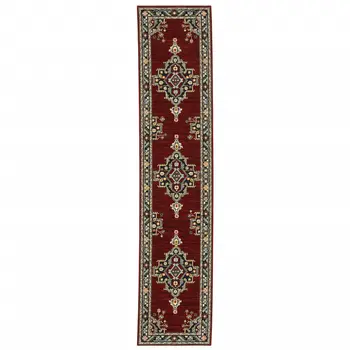 12' Red And Black Oriental Power Loom Runner Rug With Fringe