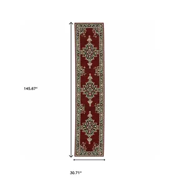 12' Red And Black Oriental Power Loom Runner Rug With Fringe