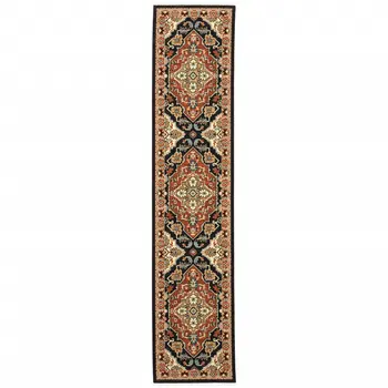 12' Red And Black Oriental Power Loom Runner Rug With Fringe