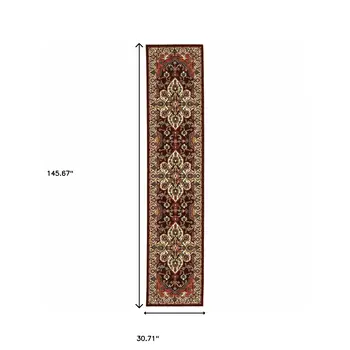 12' Red And Ivory Genuine Wool Oriental Runner Rug With Fringe