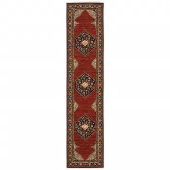 12' Red And Ivory Genuine Wool Oriental Runner Rug With Fringe