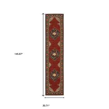 12' Red And Ivory Genuine Wool Oriental Runner Rug With Fringe