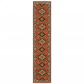 12' Red Gold Blue Brown Oriental Power Loom Runner Rug With Fringe