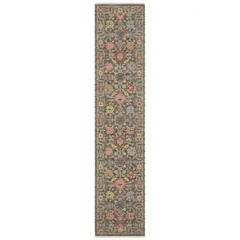 12' Gray And Ivory Genuine Wool Oriental Runner Rug With Fringe