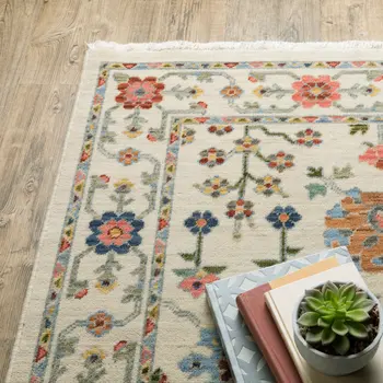 12' Orange And Ivory Genuine Wool Oriental Runner Rug With Fringe