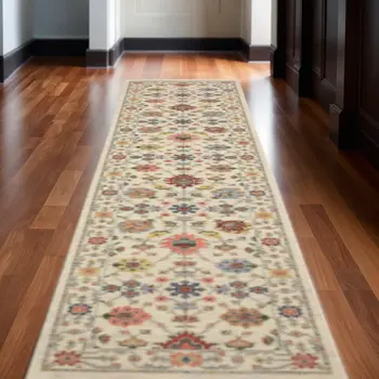 12' Orange And Ivory Genuine Wool Oriental Runner Rug With Fringe