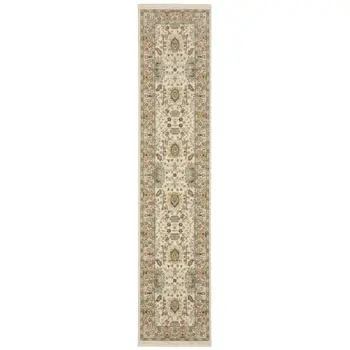 12' Gray And Ivory Genuine Wool Oriental Runner Rug With Fringe