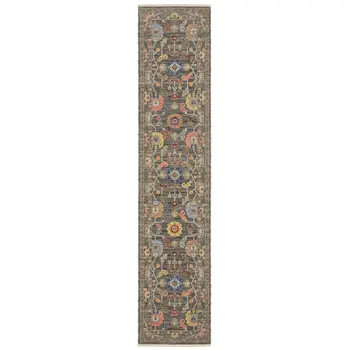 12' Charcoal Genuine Wool Oriental Runner Rug With Fringe