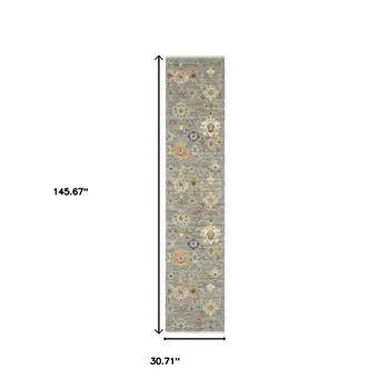 12' Gray And Ivory Genuine Wool Oriental Runner Rug With Fringe