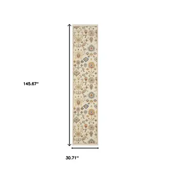 12' Blue And Ivory Genuine Wool Oriental Runner Rug With Fringe