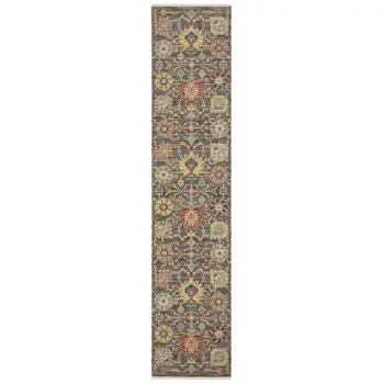 12' Gray And Ivory Genuine Wool Oriental Runner Rug With Fringe