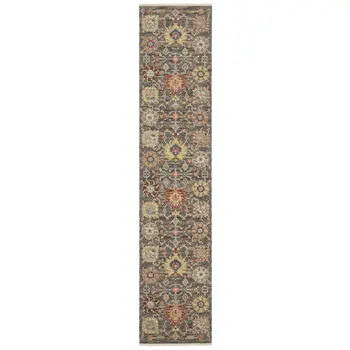 12' Gray And Ivory Genuine Wool Oriental Runner Rug With Fringe