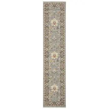 12' Blue And Gray Genuine Wool Oriental Runner Rug With Fringe