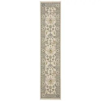 12' Blue And Ivory Genuine Wool Oriental Runner Rug With Fringe