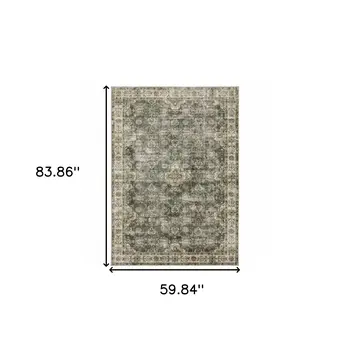 5' X 7' Blue And Beige Oriental Printed Stain Resistant Non Skid Area Rug
