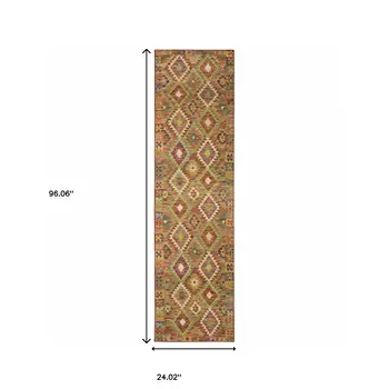 2' X 8' Gold Orange Brown Red Green Purple And Beige Southwestern Printed Stain Resistant Non Skid Runner Rug