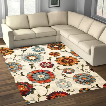 10' X 13' Ivory Blue Gold Green Orange Rust And Teal Floral Power Loom Stain Resistant Area Rug