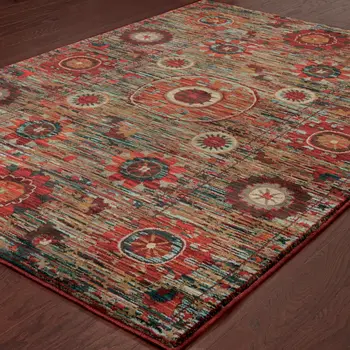 10' X 13' Red and Gold Floral Power Loom Area Rug