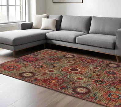 10' X 13' Red and Gold Floral Power Loom Area Rug