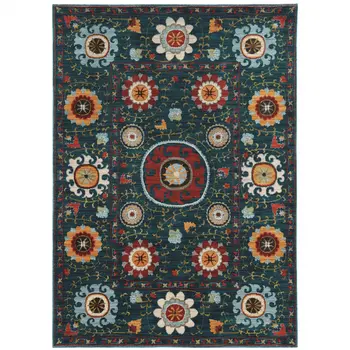 4' X 6' Teal Blue Rust Gold And Ivory Floral Power Loom Stain Resistant Area Rug