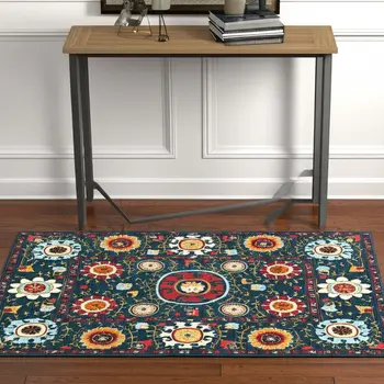 4' X 6' Teal Blue Rust Gold And Ivory Floral Power Loom Stain Resistant Area Rug