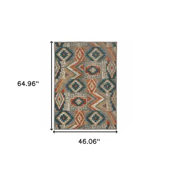 4' X 6' Blue Teal Grey Orange Gold Ivory And Rust Geometric Power Loom Stain Resistant Area Rug