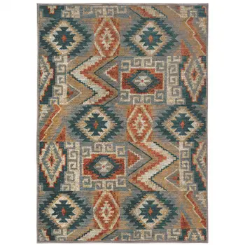 10' X 13' Blue Teal Grey Orange Gold Ivory And Rust Geometric Power Loom Stain Resistant Area Rug