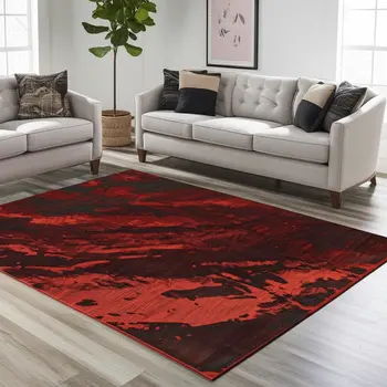 10' X 13' Red And Grey Abstract Power Loom Stain Resistant Area Rug