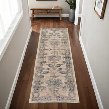 2' X 8' Ivory Blue Gold And Grey Oriental Power Loom Stain Resistant Runner Rug