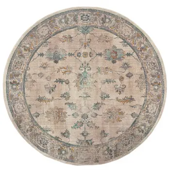 8' Ivory Blue Gold And Grey Round Oriental Power Loom Stain Resistant Area Rug