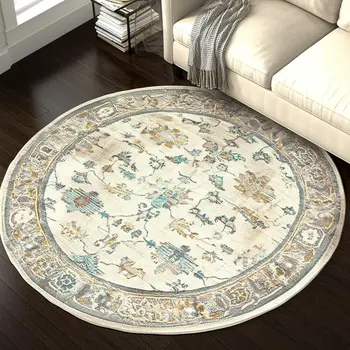 8' Ivory Blue Gold And Grey Round Oriental Power Loom Stain Resistant Area Rug