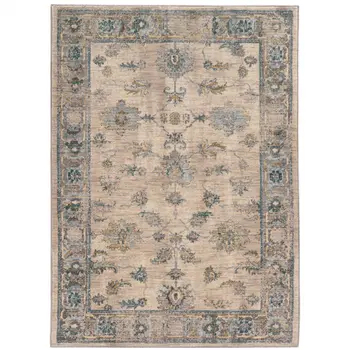 10' X 13' Ivory Blue Gold And Grey Oriental Power Loom Stain Resistant Area Rug
