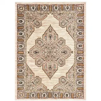 10' X 13' Ivory Gold Grey And Blue Oriental Power Loom Stain Resistant Area Rug