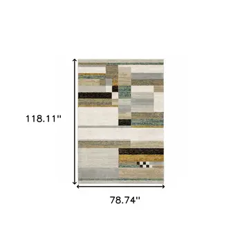 7' X 10' Beige Gold Black Grey Tan Teal and Rust Geometric Power Loom Area Rug