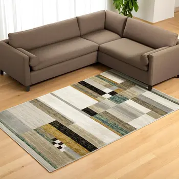 7' X 10' Beige Gold Black Grey Tan Teal and Rust Geometric Power Loom Area Rug