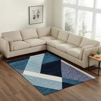 8' X 11' Blue Purple Grey and Teal Geometric Power Loom Area Rug