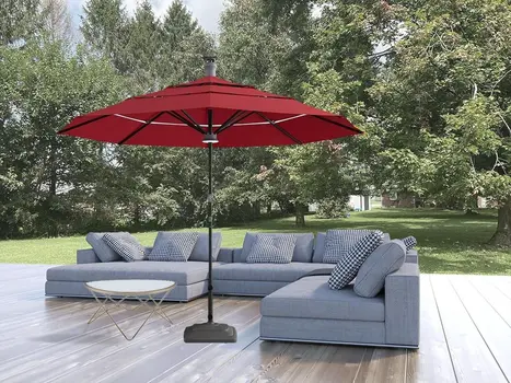 11' Red Sunbrella Octagonal Lighted Smart Market Patio Umbrella