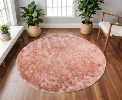 8' Pink Round Shag Tufted Handmade Area Rug