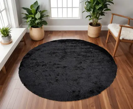 10' Black Round Shag Tufted Handmade Area Rug