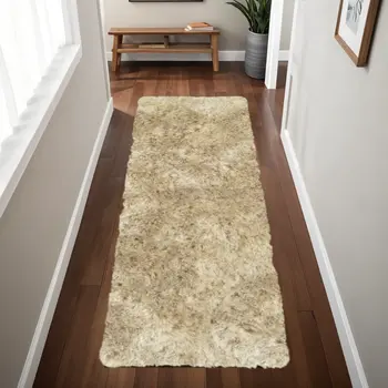 6' Taupe Shag Hand Tufted Runner Rug